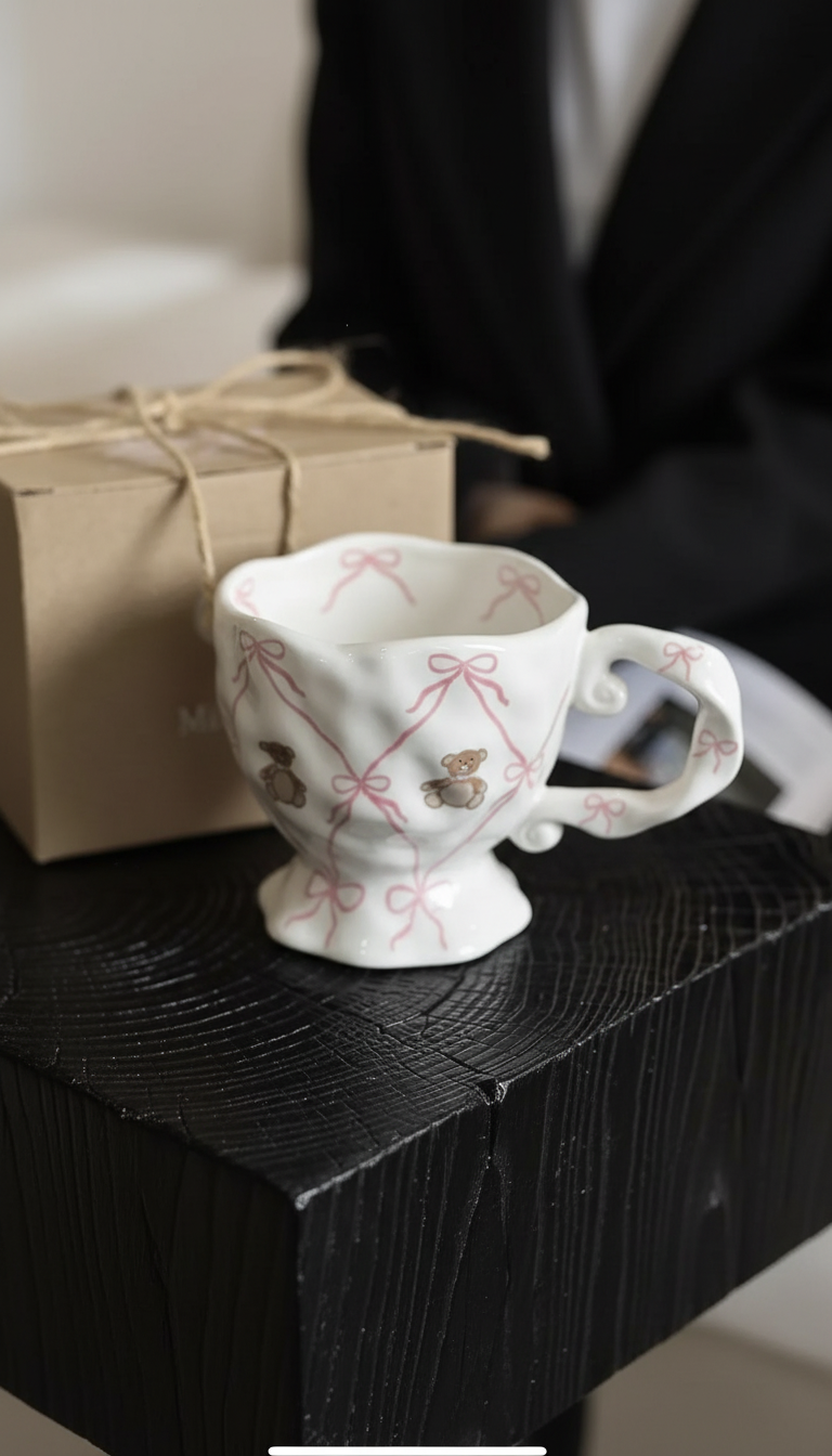 Large Vintage Style Ceramic Teacup with Pink Bow and Teddy Bear Design - Cute Footed Mug
