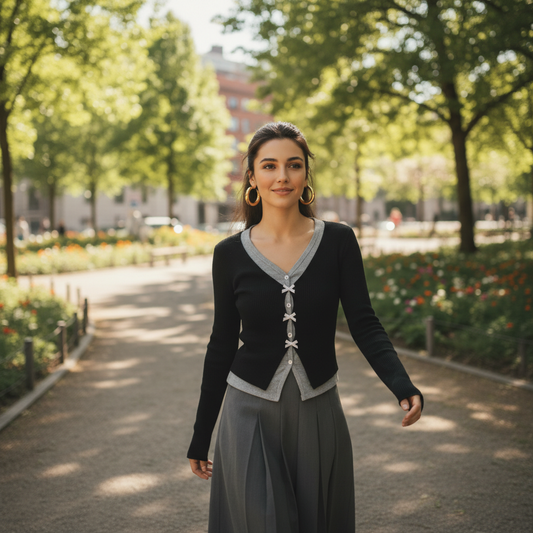 Bow Button Contrast Trim Cardigan with Matching Top | Women’s Two-Piece Knit Set | Preppy Ensemble