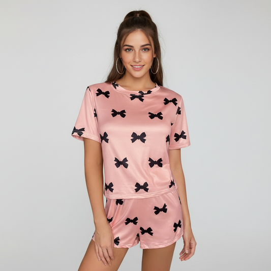 Women’s Pink Pajama Set with Black Bow Print - Short Sleeve Top & Shorts Sleepwear