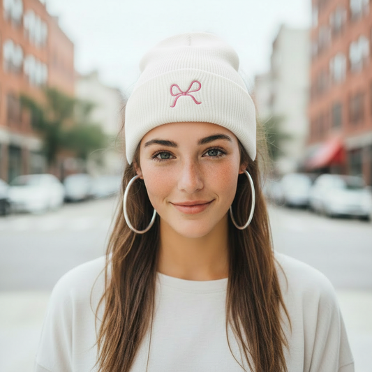 Women’s Knit Beanie Hat with Embroidered Bow - Soft Winter Slouchy Beanie
