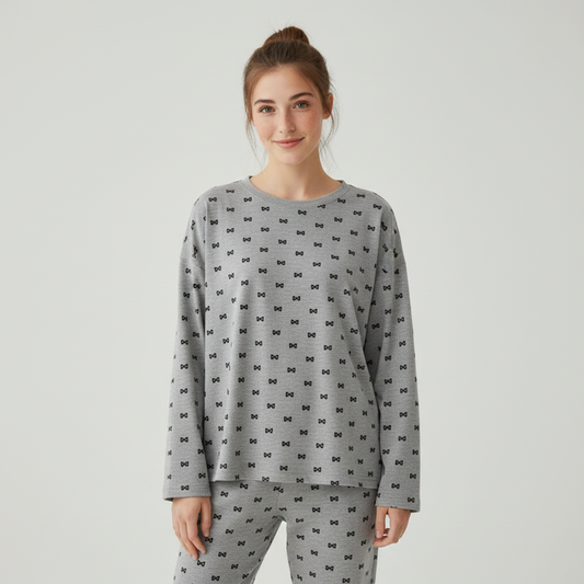 Women’s Bow Print Pajama Set - Soft Polyester Loungewear Two Piece Sleepwear in Grey
