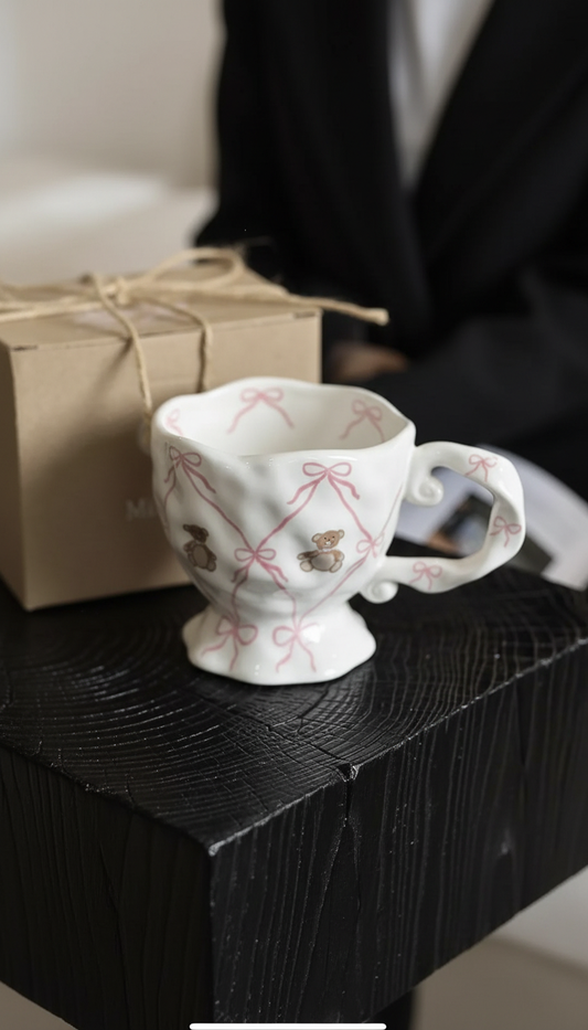 Large Vintage Style Ceramic Teacup with Pink Bow and Teddy Bear Design - Cute Footed Mug