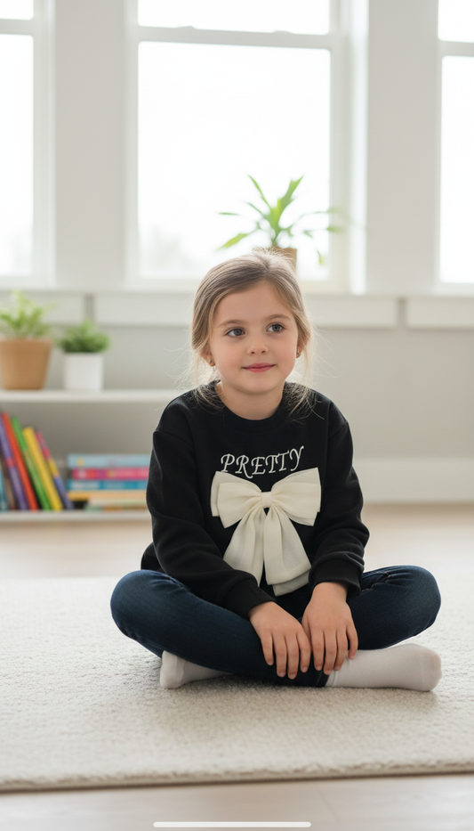 Girls “Pretty” Bow Sweatshirt | Kids Long Sleeve Top |