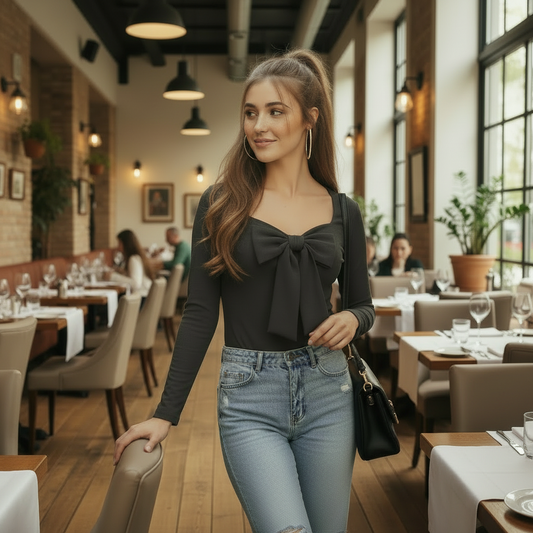 Bow Front Bodysuit | Women’s Long Sleeve Top | Elegant Going Out Bodysuit