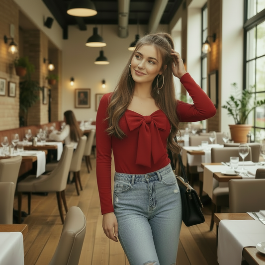 Bow Front Bodysuit | Women’s Long Sleeve Top | Elegant Going Out Bodysuit