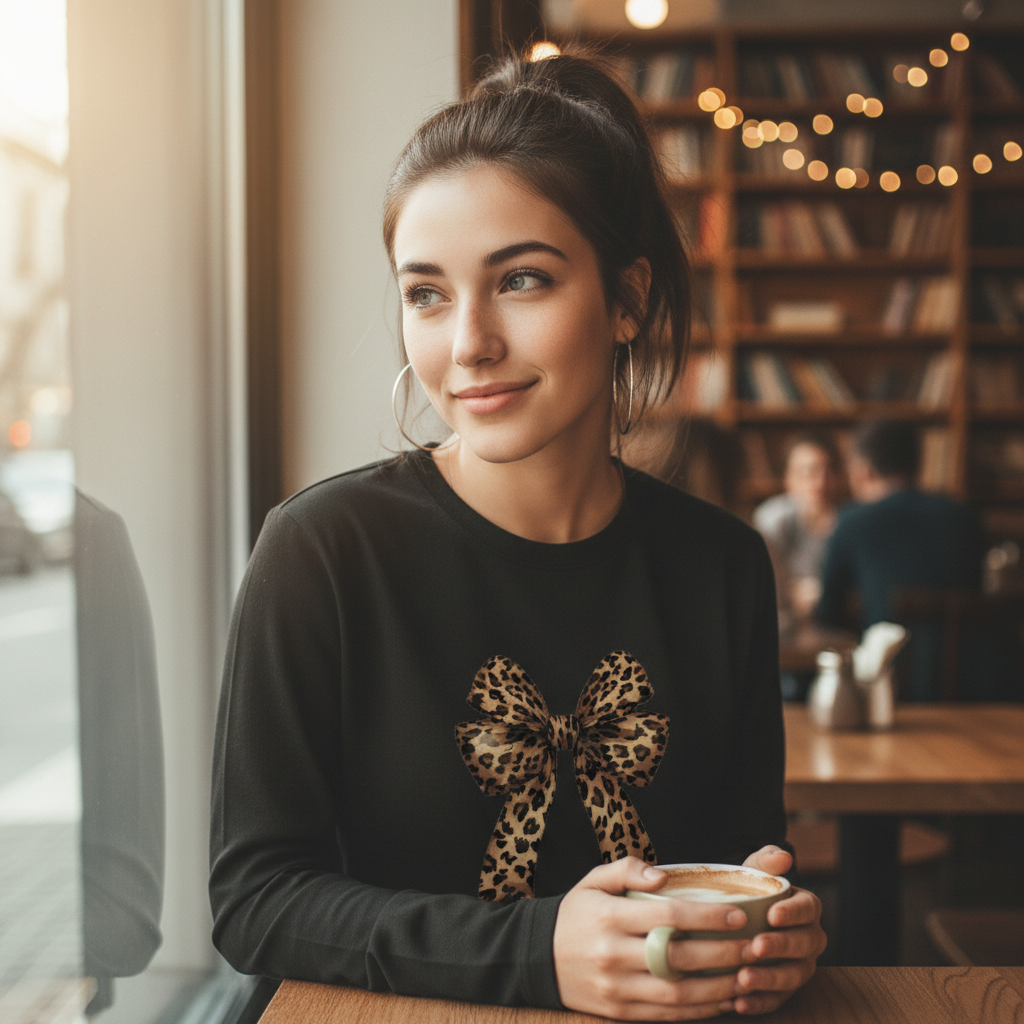Leopard Bow Graphic Tee | Women’s Animal Print T-Shirt | Trendy Long Sleeve Top