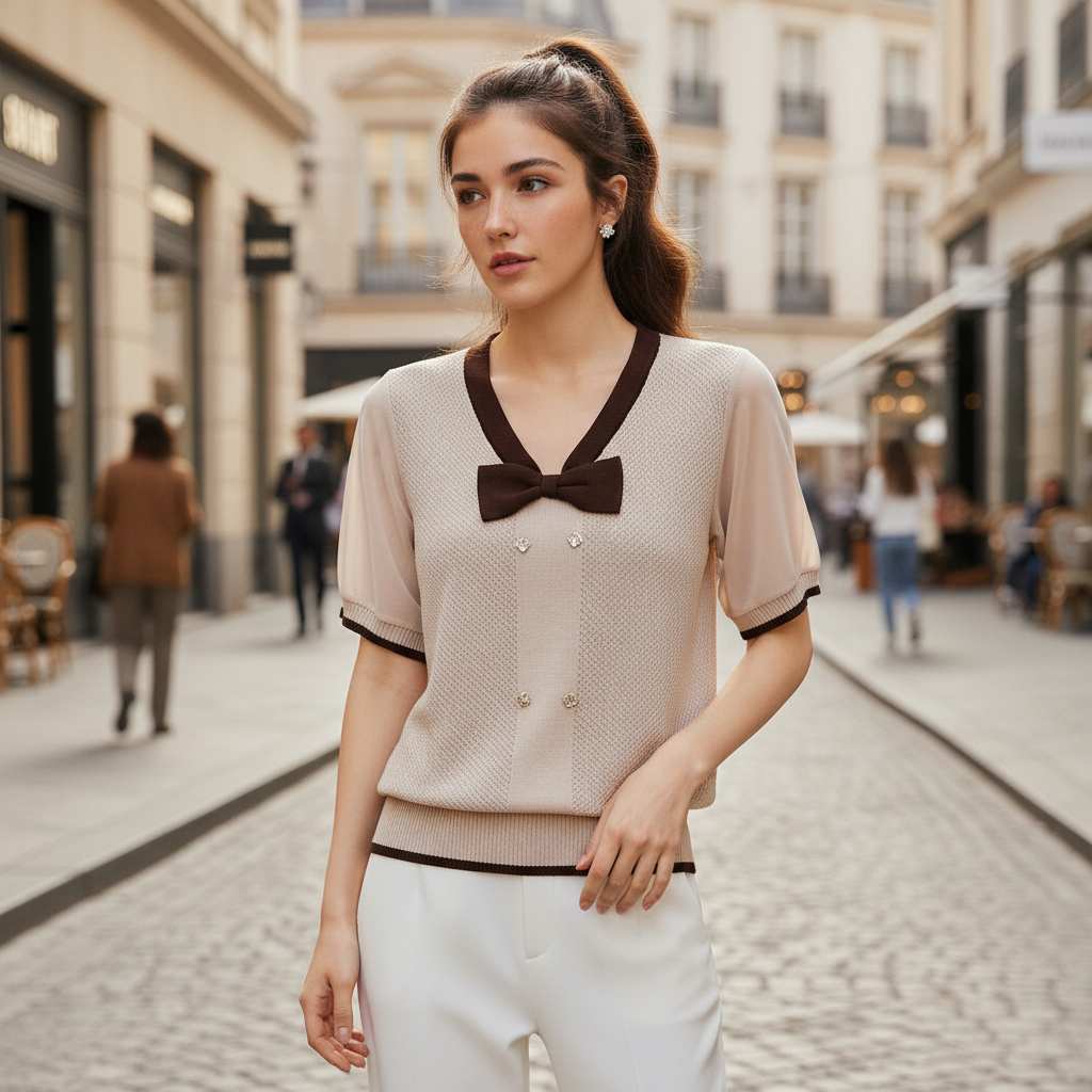 Vintage Bow Collar Knit Top | Retro Short Sleeve | Preppy Style Top