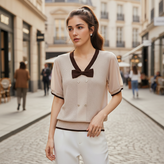 Vintage Bow Collar Knit Top | Retro Short Sleeve | Preppy Style Top