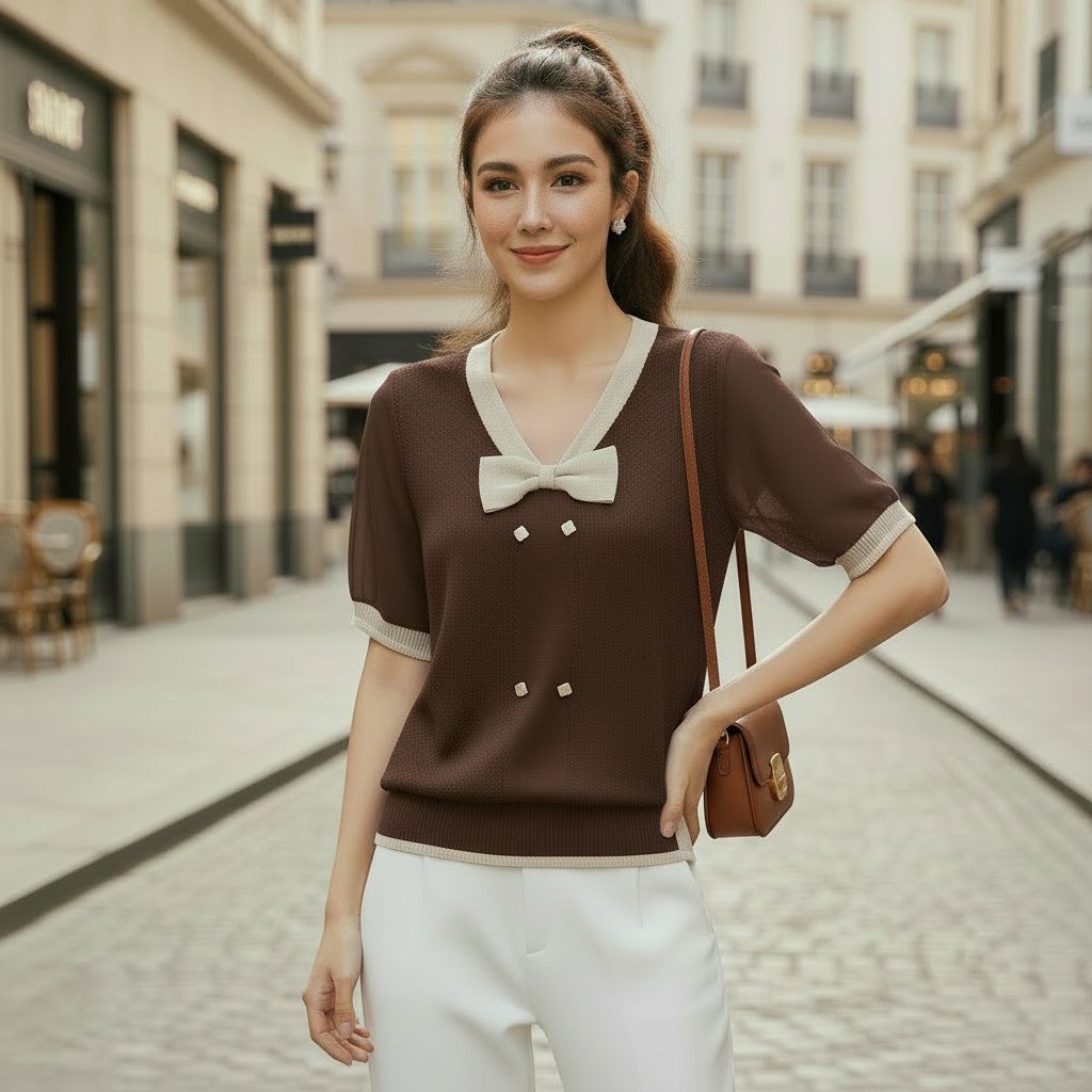 Vintage Bow Collar Knit Top | Retro Short Sleeve | Preppy Style Top