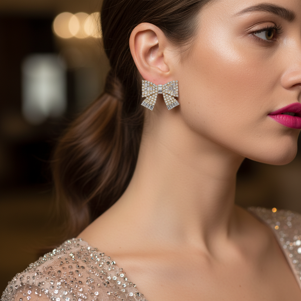 Large Crystal Bow Statement Stud Earrings | Rhinestone Statement Earrings | Sparkly Party Jewelry