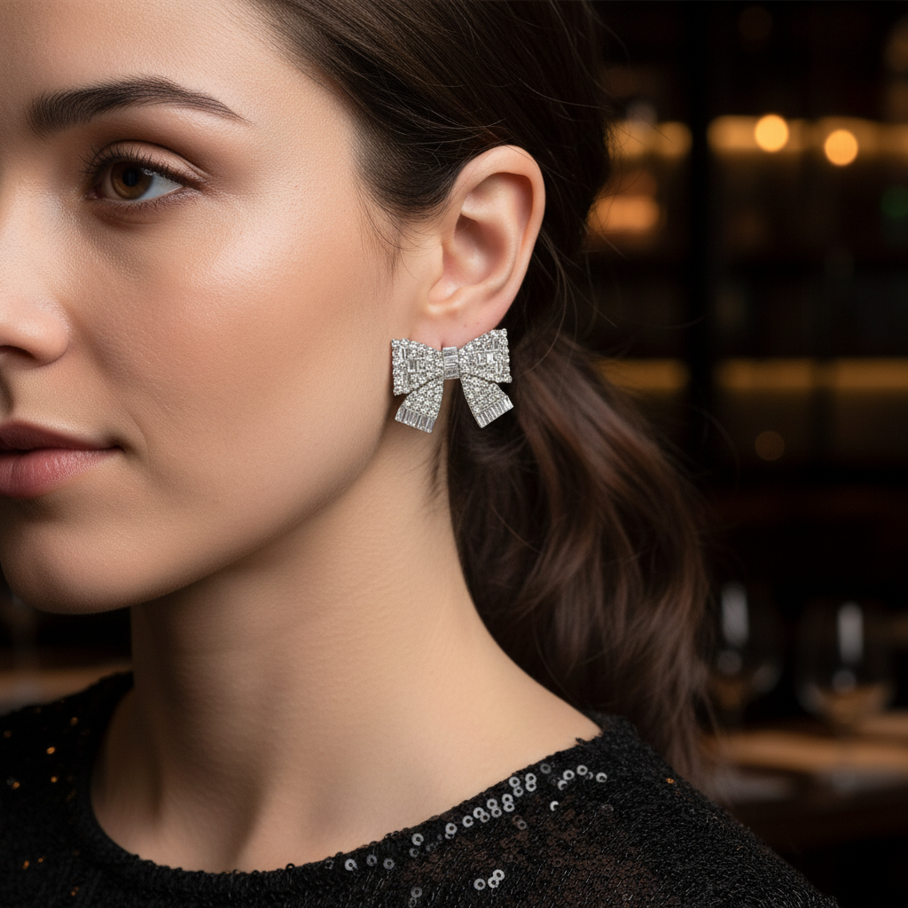 Large Crystal Bow Statement Stud Earrings | Rhinestone Statement Earrings | Sparkly Party Jewelry