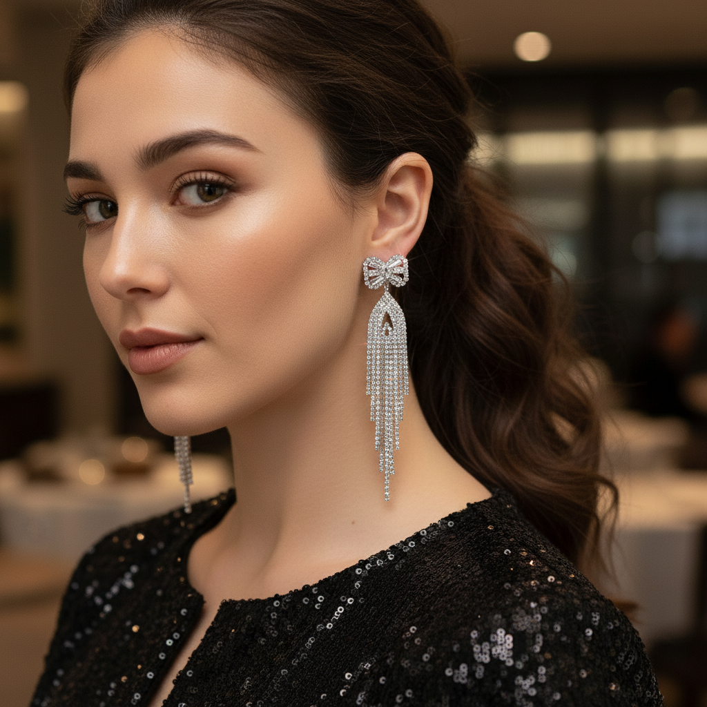 Crystal Bow Tassel Drop Earrings | Glamorous Chandelier Earrings | Statement Party Jewelry