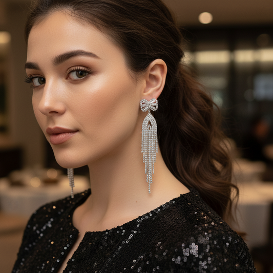 Crystal Bow Tassel Drop Earrings | Glamorous Chandelier Earrings | Statement Party Jewelry