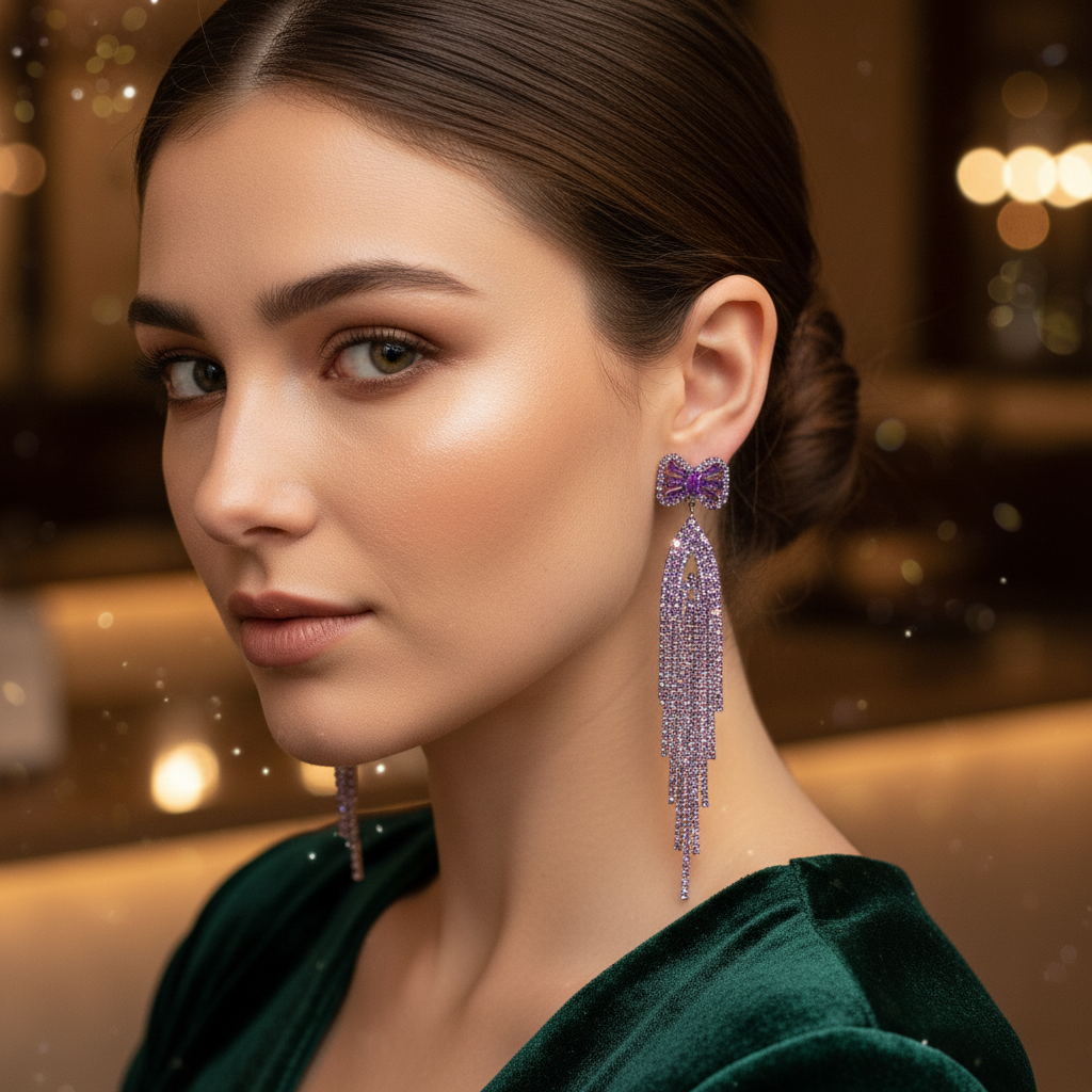 Crystal Bow Tassel Drop Earrings | Glamorous Chandelier Earrings | Statement Party Jewelry