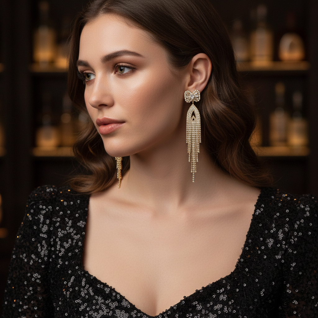 Crystal Bow Tassel Drop Earrings | Glamorous Chandelier Earrings | Statement Party Jewelry