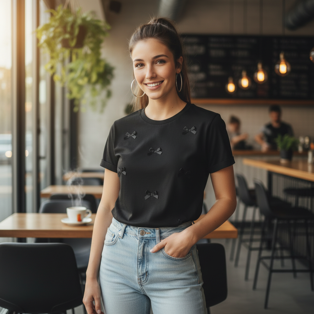 Women’s Bow Detail T-Shirt – Soft Cotton Casual Top