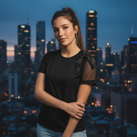 Women’s Bow Shoulder T-Shirt – Elegant Black Short Sleeve Top