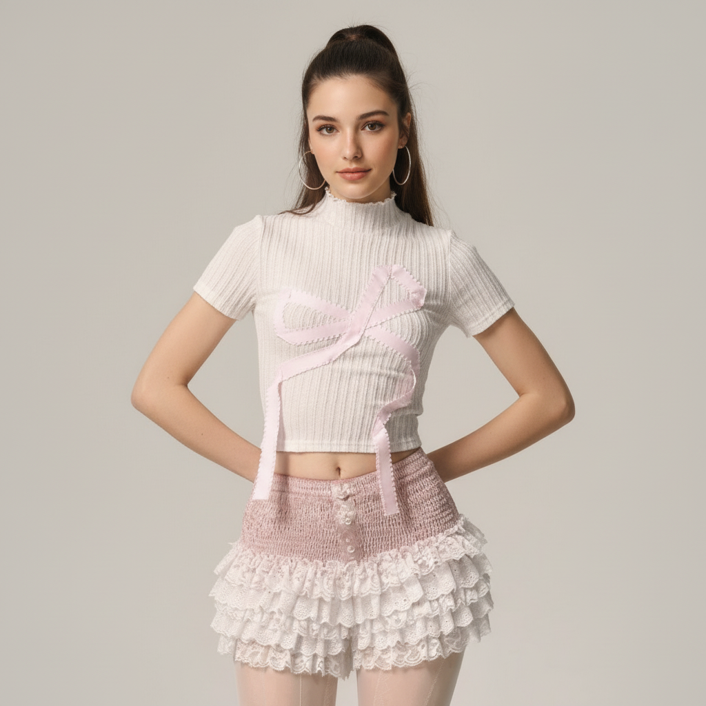 Women’s Bow Ribbon Crop Top – Cute Feminine Statement Tee