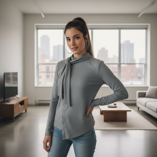 Women’s Bow Neck Long Sleeve Top – Elegant Soft Knit Cardigan