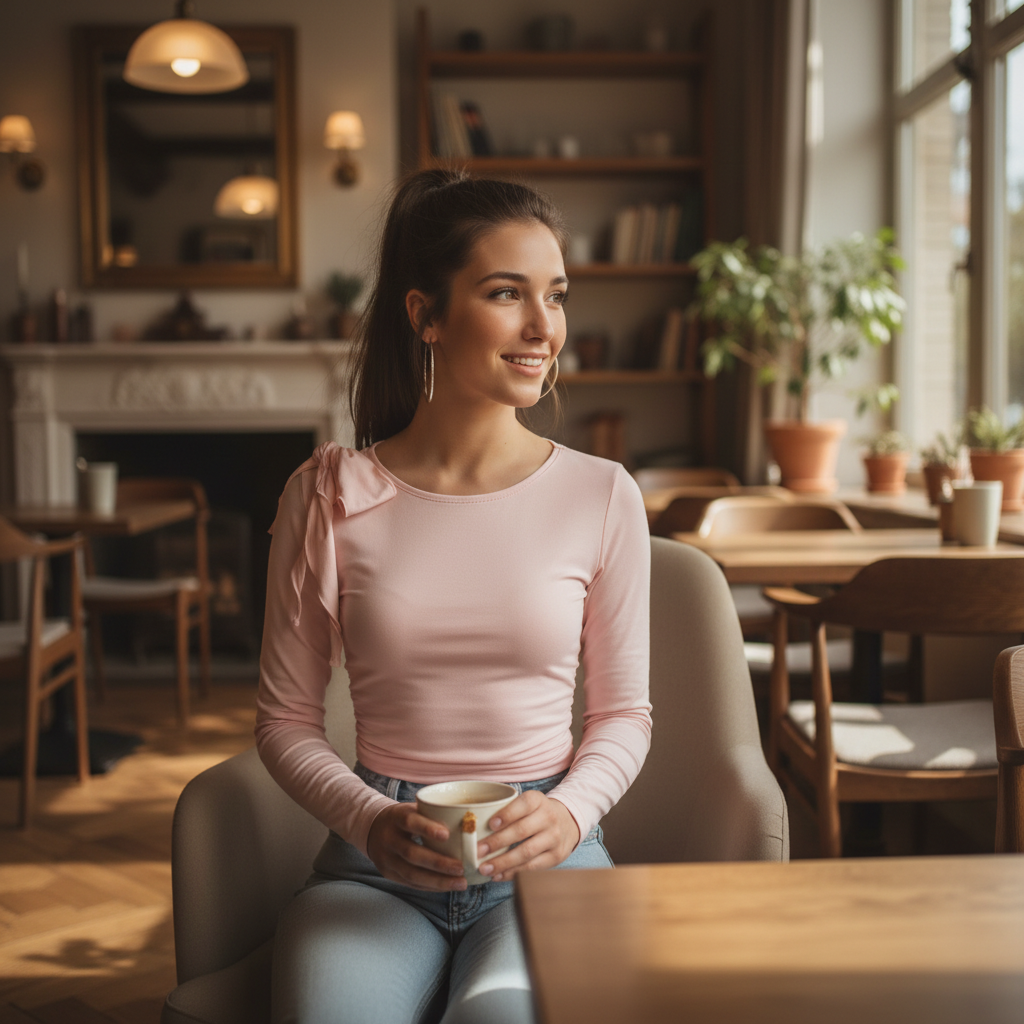 Cropped Shoulder Bow Long Sleeve Top | Women’s Fitted Crew Neck Shirt | Feminine Casual Top