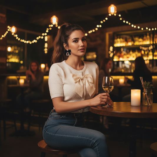 Satin Bow Short Sleeve Cardigan | Women’s Cropped Knit Top | Elegant Evening Sweater