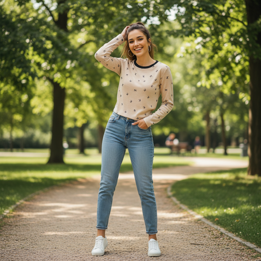 All-Over Bow Print Long Sleeve Top | Women’s Cute Pattern Shirt | Casual Everyday Tee