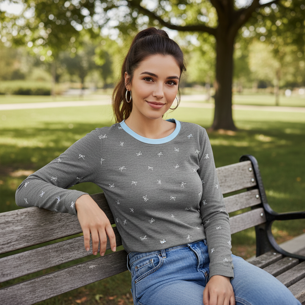 All-Over Bow Print Long Sleeve Top | Women’s Cute Pattern Shirt | Casual Everyday Tee