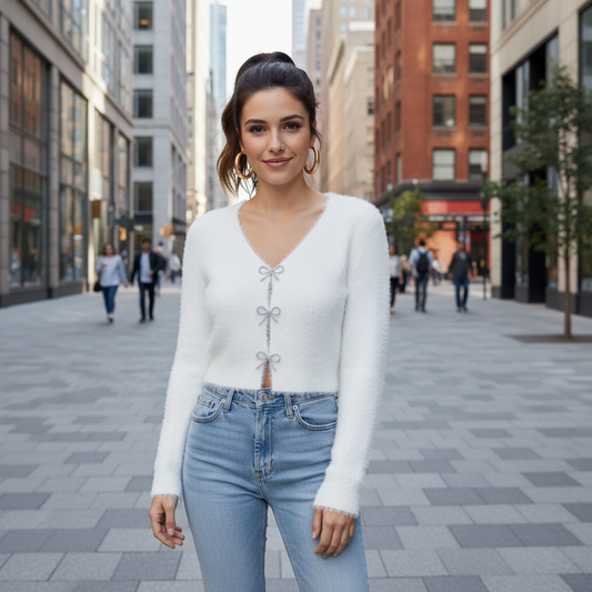 Crystal Bow Fuzzy Cardigan | Women’s Cropped Fluffy Sweater | Soft Knit Top