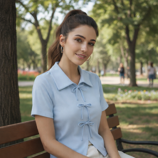 Bow Short-sleeved T-shirt in Summer New Style Versatile and Chic Polo Collar Half-sleeved Top