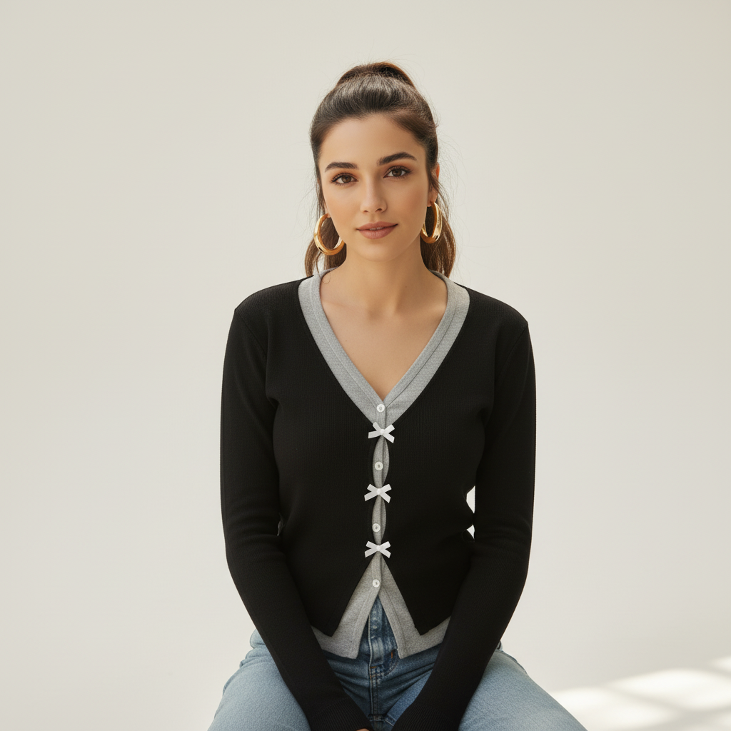 Bow Button Contrast Trim Cardigan with Matching Top | Women’s Two-Piece Knit Set | Preppy Ensemble