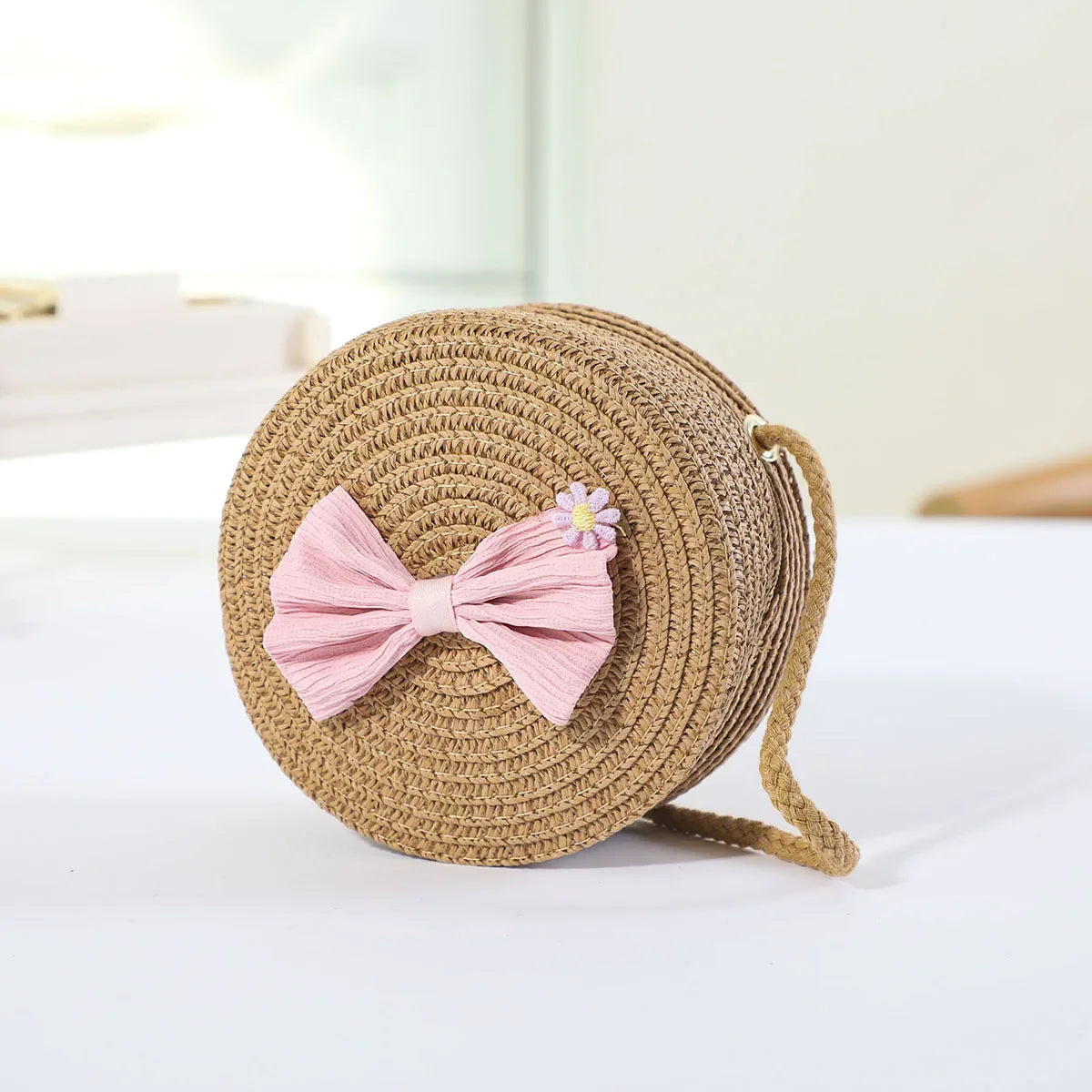 Girls Straw Bow Crossbody Bag | Kids Round Purse | Cute Toddler Handbag