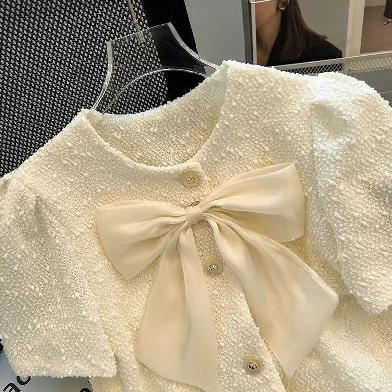 Satin Bow Short Sleeve Cardigan | Women’s Cropped Knit Top | Elegant Evening Sweater