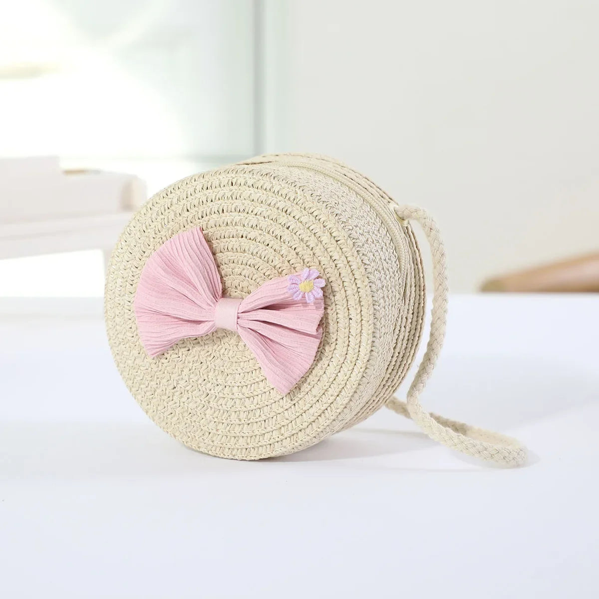 Girls Straw Bow Crossbody Bag | Kids Round Purse | Cute Toddler Handbag