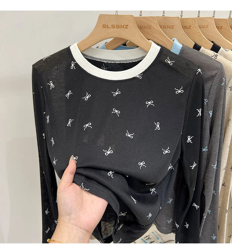 All-Over Bow Print Long Sleeve Top | Women’s Cute Pattern Shirt | Casual Everyday Tee