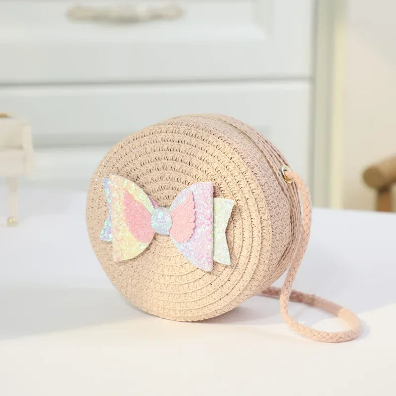 Girls Straw Bow Crossbody Bag | Kids Round Purse | Cute Toddler Handbag
