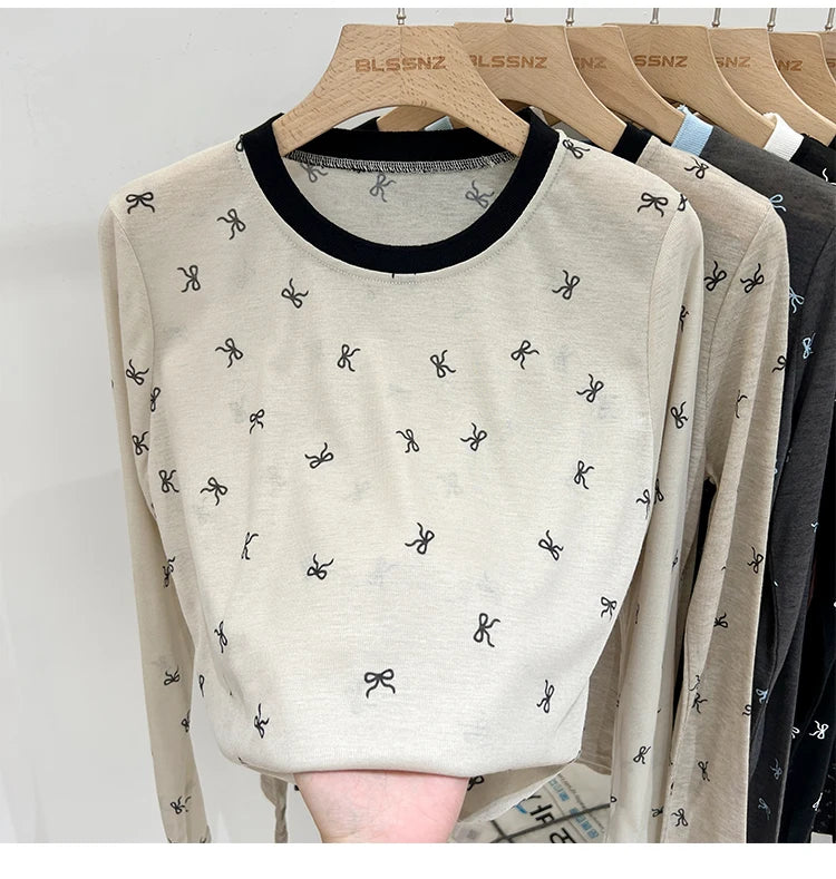 All-Over Bow Print Long Sleeve Top | Women’s Cute Pattern Shirt | Casual Everyday Tee