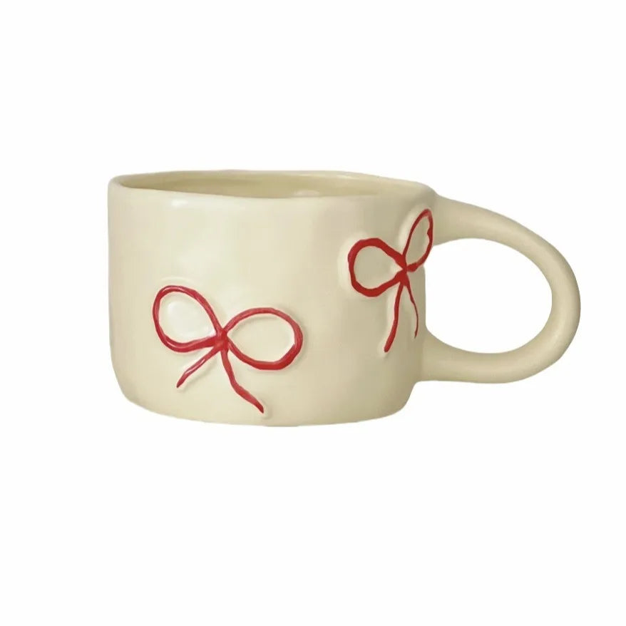 Ceramic Bow Mug in Pink - Cute Coffee Mug with Hand-Painted Ribbon Design