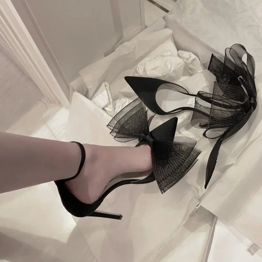 Pointed Toe Heels with Organza Bow - Elegant Ankle Strap Pumps for Wedding & Special Occasions