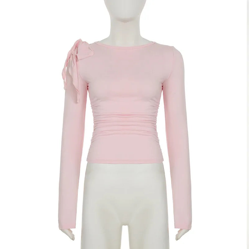 Cropped Shoulder Bow Long Sleeve Top | Women’s Fitted Crew Neck Shirt | Feminine Casual Top