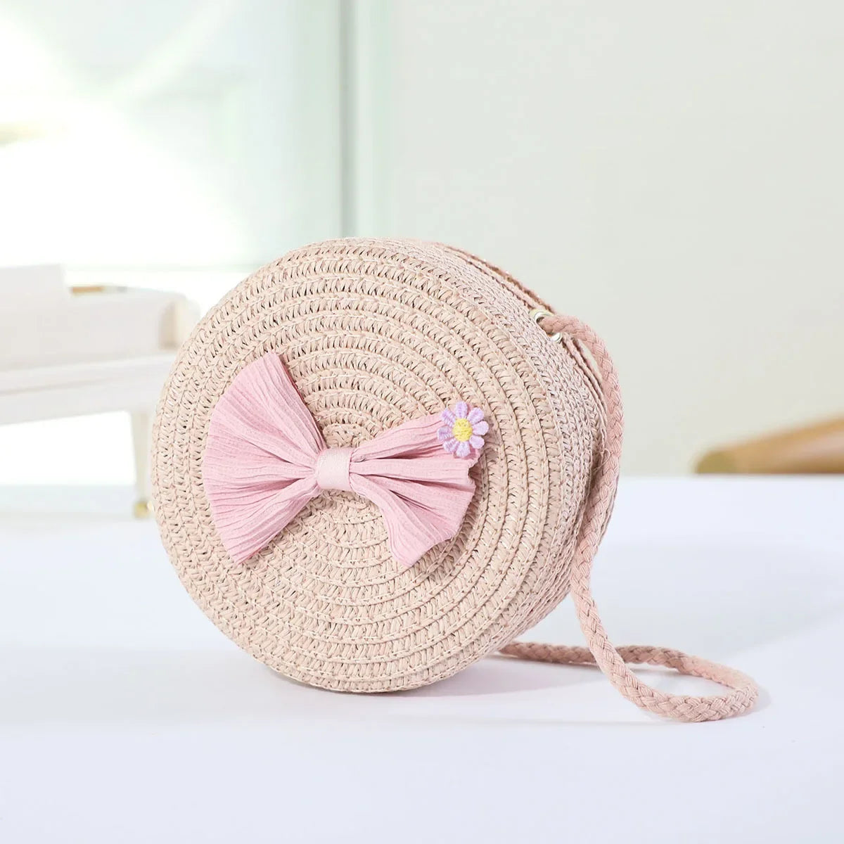Girls Straw Bow Crossbody Bag | Kids Round Purse | Cute Toddler Handbag