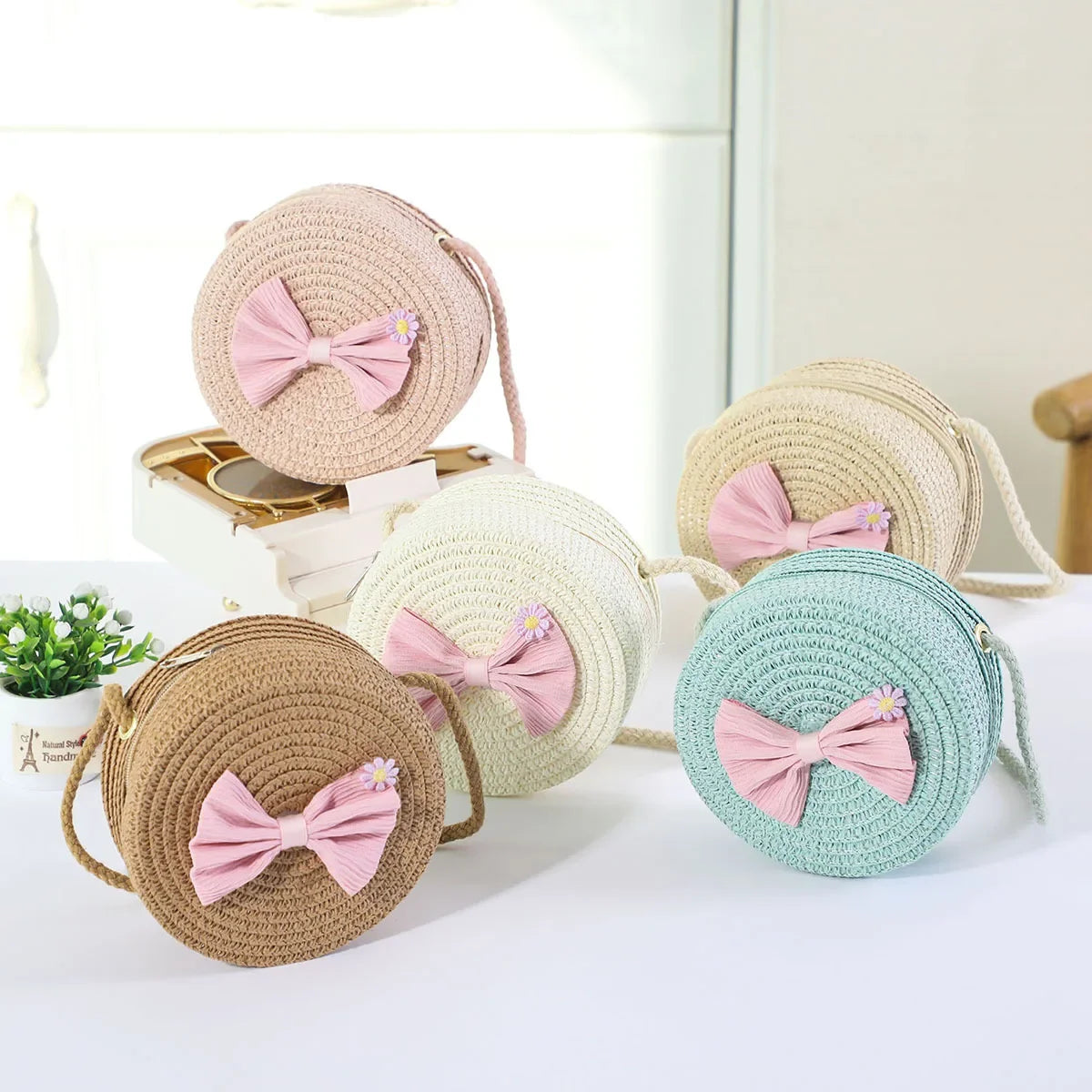 Girls Straw Bow Crossbody Bag | Kids Round Purse | Cute Toddler Handbag