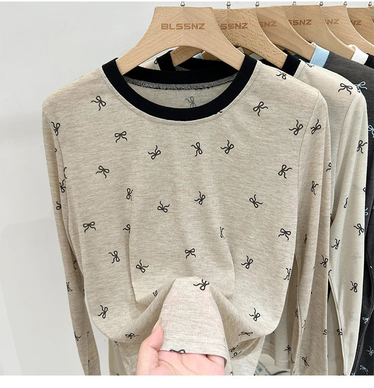 All-Over Bow Print Long Sleeve Top | Women’s Cute Pattern Shirt | Casual Everyday Tee