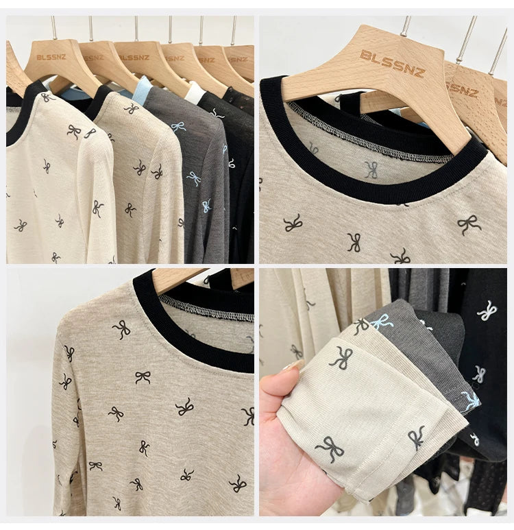 All-Over Bow Print Long Sleeve Top | Women’s Cute Pattern Shirt | Casual Everyday Tee