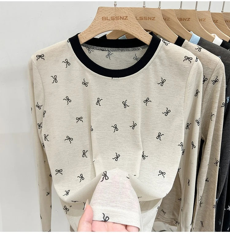 All-Over Bow Print Long Sleeve Top | Women’s Cute Pattern Shirt | Casual Everyday Tee