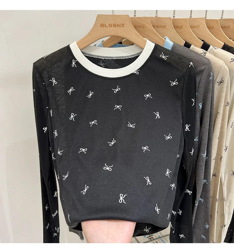 All-Over Bow Print Long Sleeve Top | Women’s Cute Pattern Shirt | Casual Everyday Tee