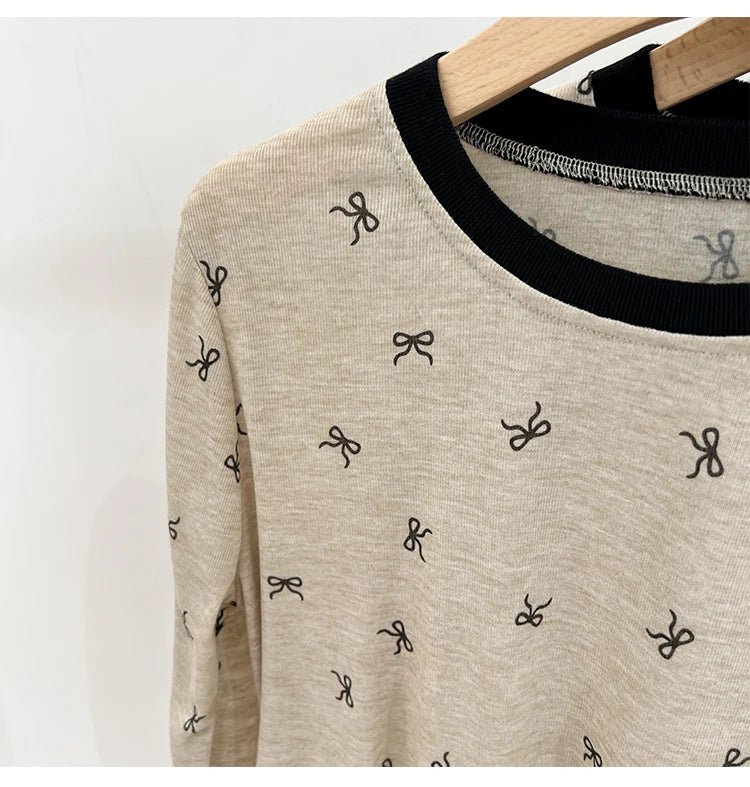 All-Over Bow Print Long Sleeve Top | Women’s Cute Pattern Shirt | Casual Everyday Tee