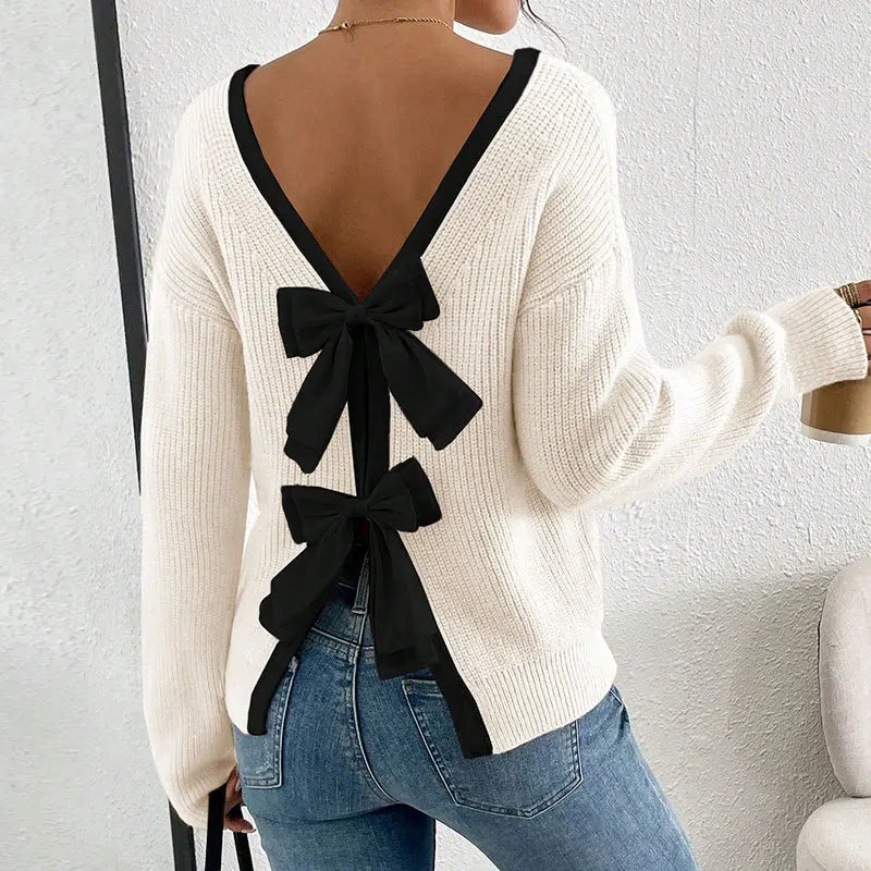 Back Bow Tie Sweater | Women’s Reversible Knit Top | Feminine V-Back Pullover
