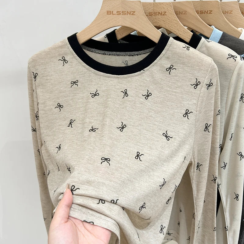 All-Over Bow Print Long Sleeve Top | Women’s Cute Pattern Shirt | Casual Everyday Tee