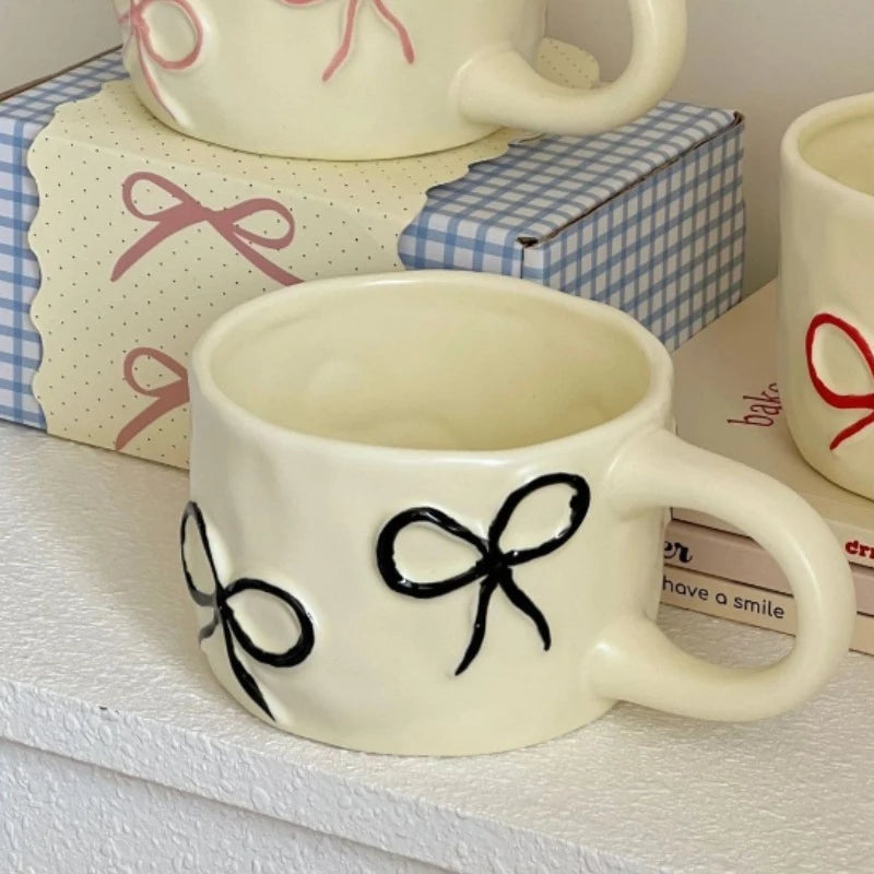 Ceramic Bow Mug in Pink - Cute Coffee Mug with Hand-Painted Ribbon Design