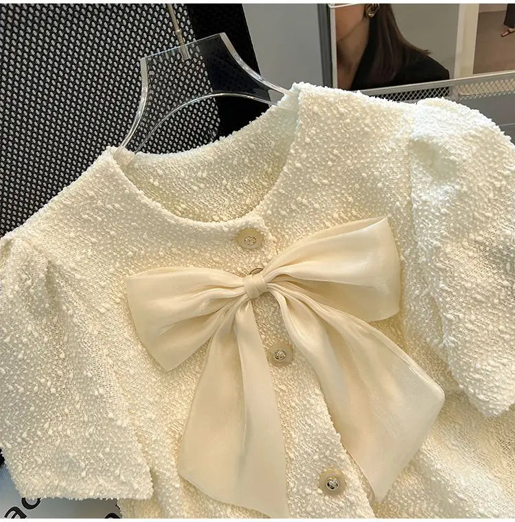 Satin Bow Short Sleeve Cardigan | Women’s Cropped Knit Top | Elegant Evening Sweater